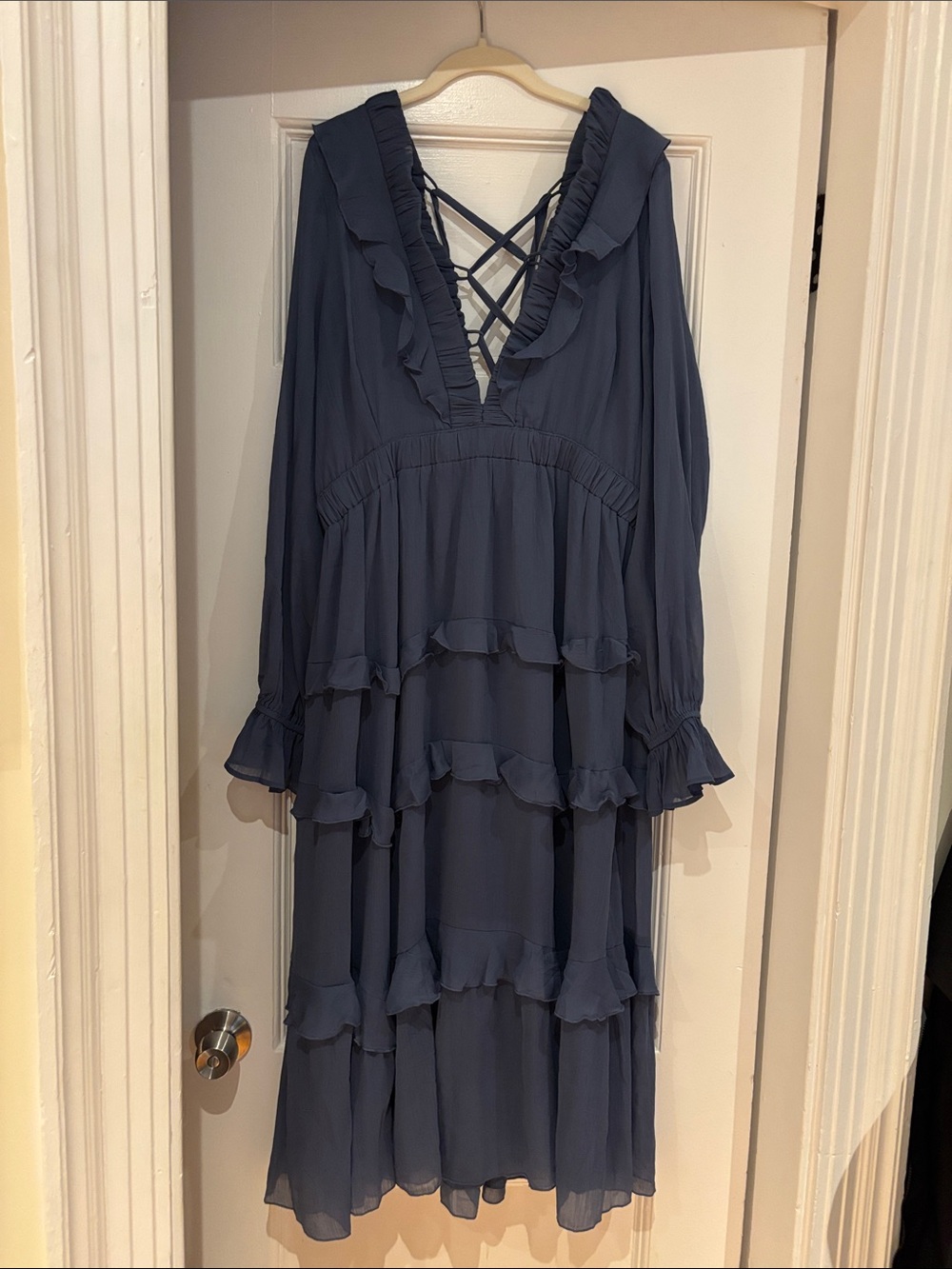 ASOS Curve Navy Ruffled Tiered Maxi Dress with Crisscross Back